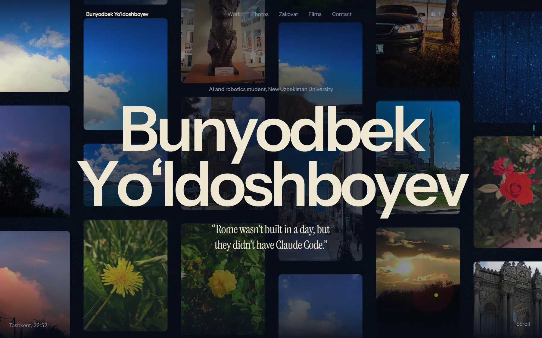 Portfolio bosh sahifasi: suratlar toʻri ustida katta harflar bilan Bunyodbek Yoʻldoshboyev ismi.